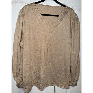Women Long Sleeve Blouse Beige Neutral Vneck Pleats Cuff Sleeve Soft Casual 2X